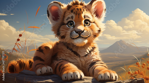 Tigre filhote fofo nas montanhas - Ilustração infantil 