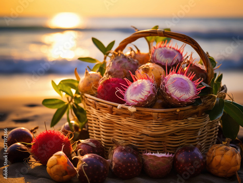 passion fruits  rambutans  and mangosteens in a woven basket  placed on a beach with the ocean in the background at golden hour