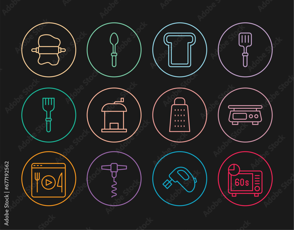 Set line Microwave oven, Electronic scales, Bread toast, Manual coffee grinder, Fork, Rolling pin dough, Grater and Teaspoon icon. Vector Set line Microwave oven, Electronic scales, Bread toast, Manual coffee grinder, Fork, Rolling pin dough, Grater and Teaspoon icon. Vector