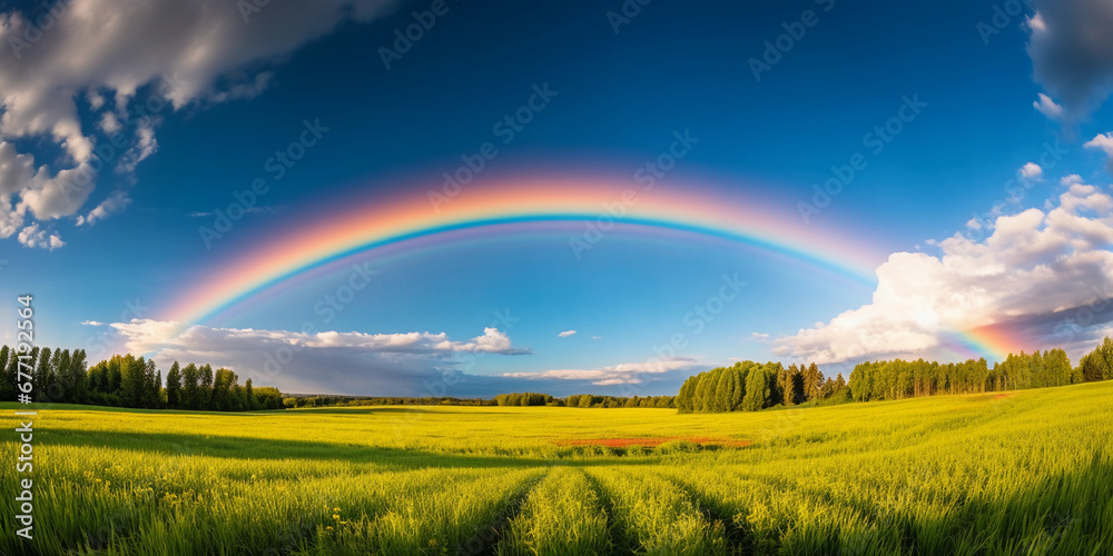 Vivid double rainbow arching over a sunlit meadow, cumulus clouds, natural lighting