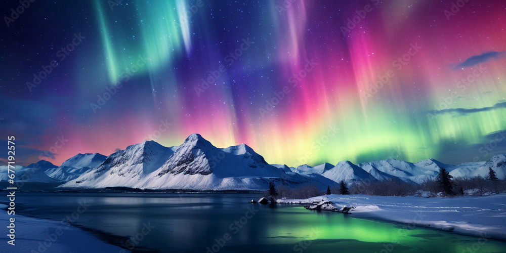 aurora borealis, vibrant colors dancing over a snowy mountain range