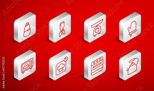 Set line Kettle with handle, Blender, Scales, Oven glove, Salt, Chef hat and Microwave oven icon. Vector