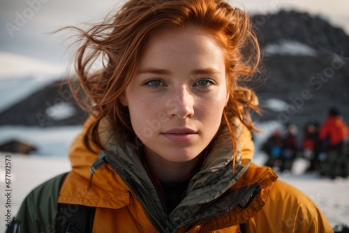 Close-up Portrait of a beautiful redhead woman wearing a warm orange blazer during a scientific research work, an expedition in the Arctic