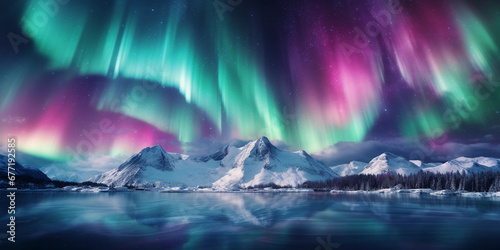 aurora borealis, vibrant colors dancing over a snowy mountain range