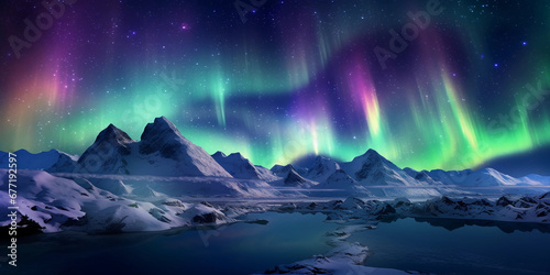aurora borealis, vibrant colors dancing over a snowy mountain range © Marco Attano