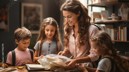 Mom support child to wear backpack bag in wooden kitchen talking nag to little girl after breakfast time leaving home to study