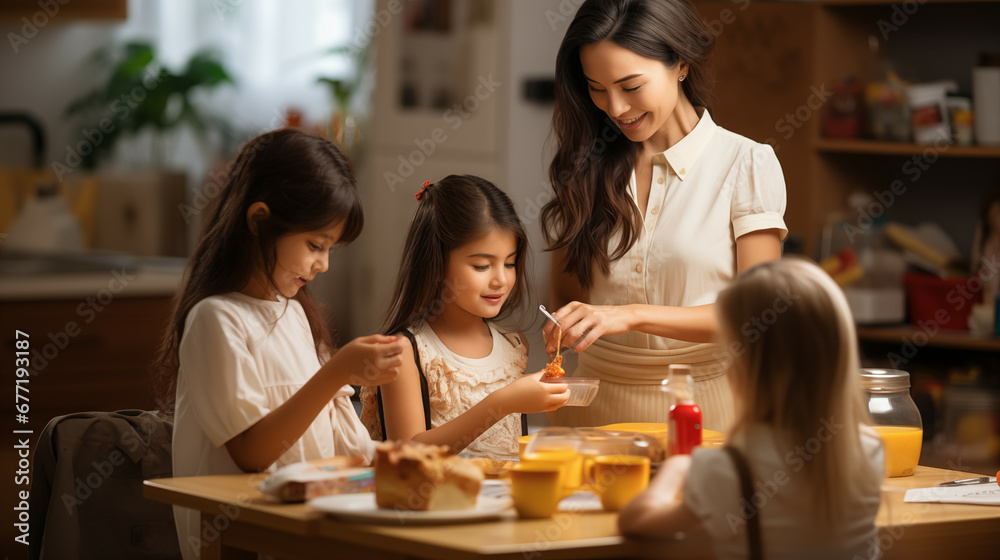 Mom support child to wear backpack bag in wooden kitchen talking nag to little girl after breakfast time leaving home to study Mom support child to wear backpack bag in wooden kitchen talking nag to little girl after breakfast time leaving home to study