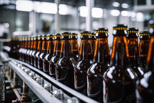 Bottles of beer on the conveyor belt in the factory.   Generative AI