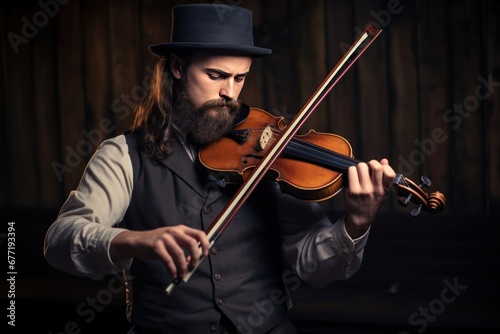 Young man with long hair with beard in dark shirt diligently plays violin. Adult man with long hair and beard focused playing violin creating pleasant melody. Professional man player plays violin