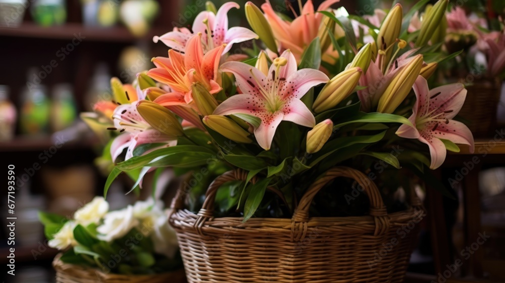 Colorful lilies in a flower shop. Selective focus. Mother's day concept with a space for a text. Valentine day concept with a copy space.