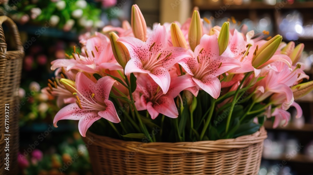 bouquet of pink lilies in a basket on the table. Mother's day concept with a space for a text. Valentine day concept with a copy space.