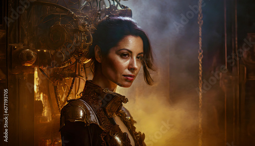 A Portrait of a Young Woman in a Futuristic Steampunk Setting With Moody Lighting