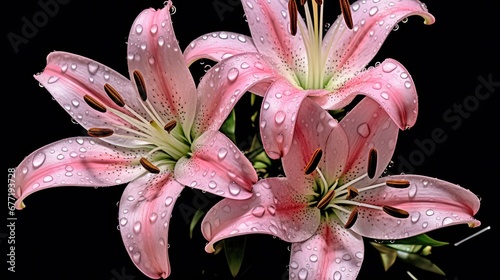 Beautiful pink lily flowers with water drops on a black background. Mother's day concept with a space for a text. Valentine day concept with a copy space.