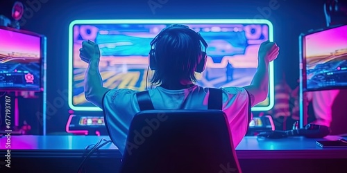 Back Shot of a Gamer Playing and Winning in Online Video Game on His Powerful Personal Computer. Room and PC have Colorful Neon Led Lights.