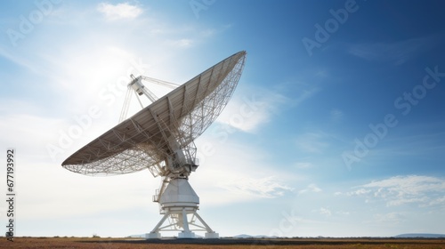 Huge radio telescope aimed directly into sky in middle of deserted desert catching signals. Large modern radio telescope aimed at sky catches signals and transmits to scientists for recognition