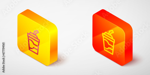 Isometric line Paper glass with drinking straw and water icon isolated on grey background. Soda drink glass. Fresh cold beverage symbol. Yellow and orange square button. Vector