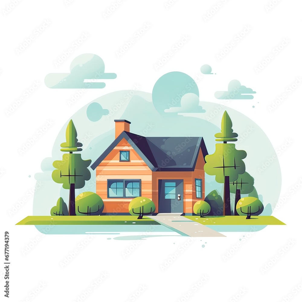 Cottage in the forest against the sky, flat illustration, house logo