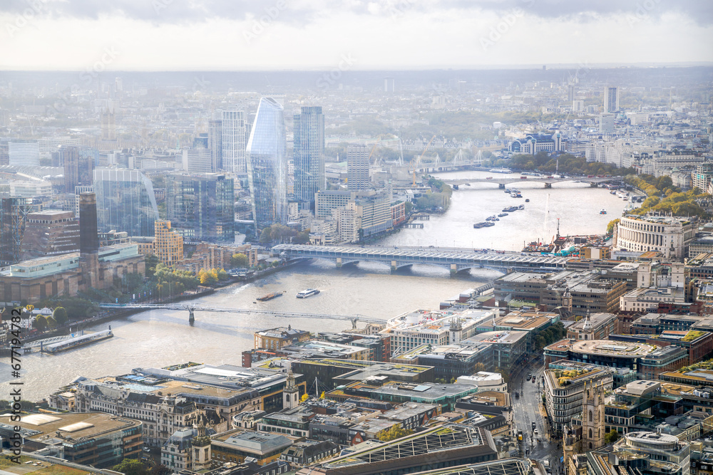 City of London view after rain, view include River Thames, London Bridge  and skyscrapers of financial district  