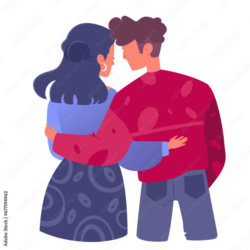 Loving couple hugging leaning their heads to each other, back view. Romantic woman and man hugging, supporting each other. Communication between people, relationships. Vector illustration in cartoon 