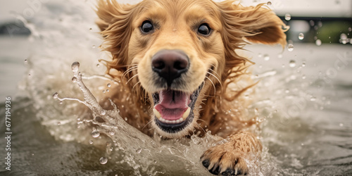 Golden retrieverdog playing in water © hutangach