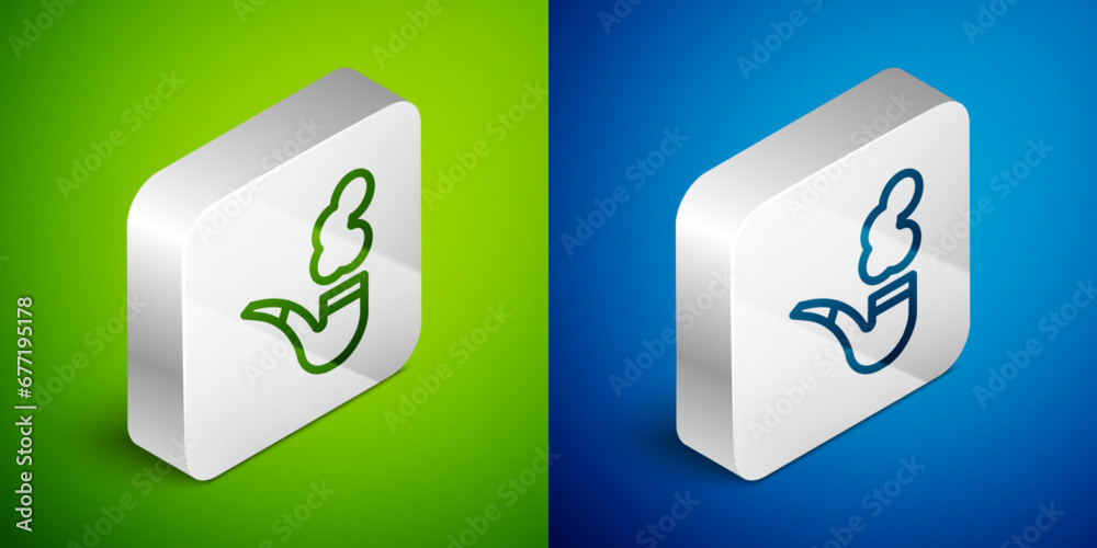 Isometric line Smoking pipe with smoke icon isolated on green and blue background. Tobacco pipe. Silver square button. Vector Isometric line Smoking pipe with smoke icon isolated on green and blue background. Tobacco pipe. Silver square button. Vector