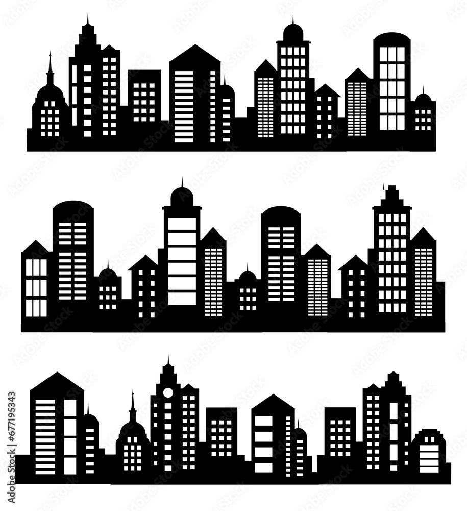 Landscape set of buildings silhouetted on white backgrounda