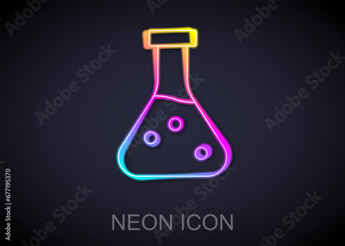 Glowing neon line Test tube and flask chemical laboratory test icon isolated on black background. Laboratory glassware sign. Vector