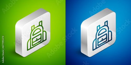 Isometric line School backpack icon isolated on green and blue background. Silver square button. Vector