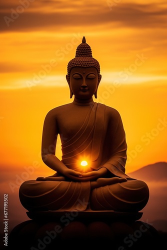 Buddha statue and sunset in the morning