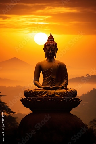 Buddha statue and sunset in the morning