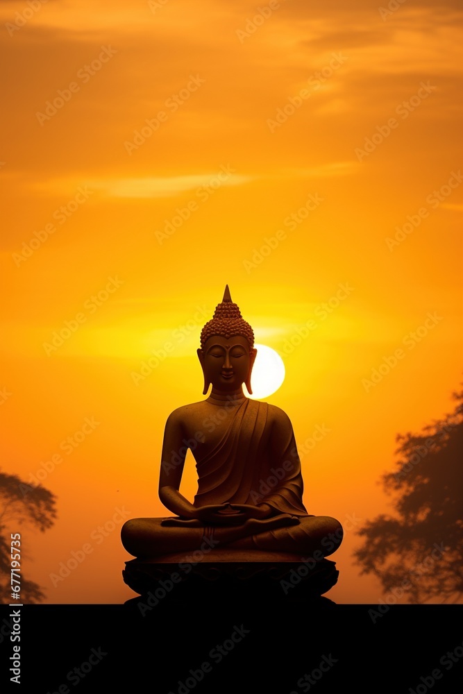 Buddha statue and sunset in the morning