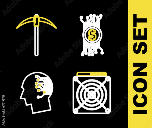Set line Cryptocurrency bitcoin in circuit, ASIC Miner, Bitcoin think and Pickaxe icon. Vector