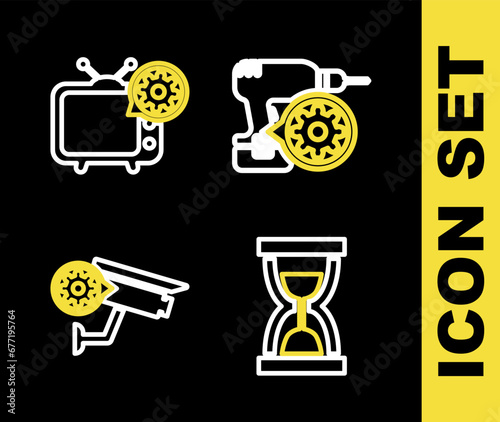 Set line Drill machine setting, Old hourglass with sand, Security camera and Tv icon. Vector