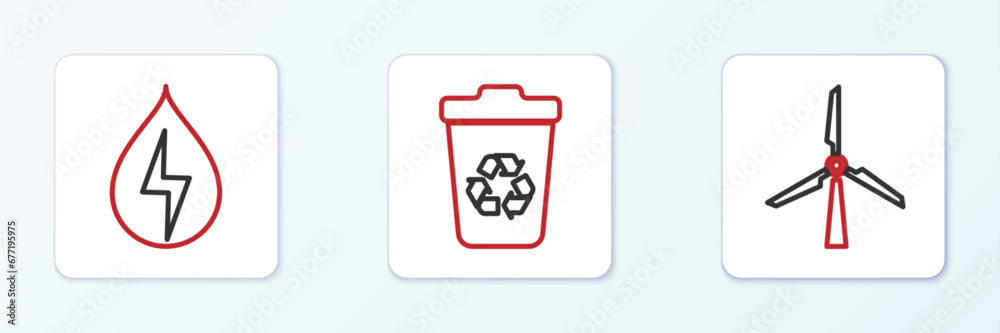 Set line Wind turbine, Water energy and Recycle with recycle icon. Vector Set line Wind turbine, Water energy and Recycle with recycle icon. Vector