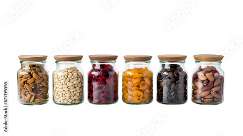 Crystal jar with seeds and dried fruits on transparent background