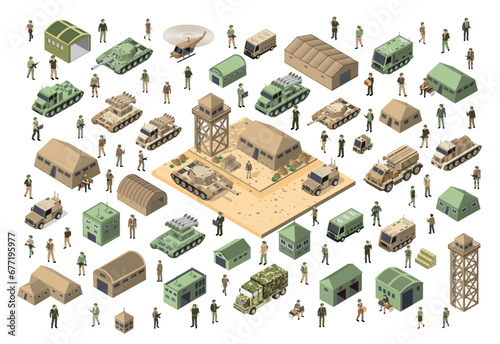 Set of army armed troop isometric armed military transport objects