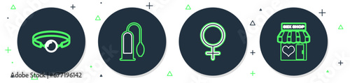 Set line Penis pump, Female gender symbol, Silicone ball gag and Sex shop building icon. Vector