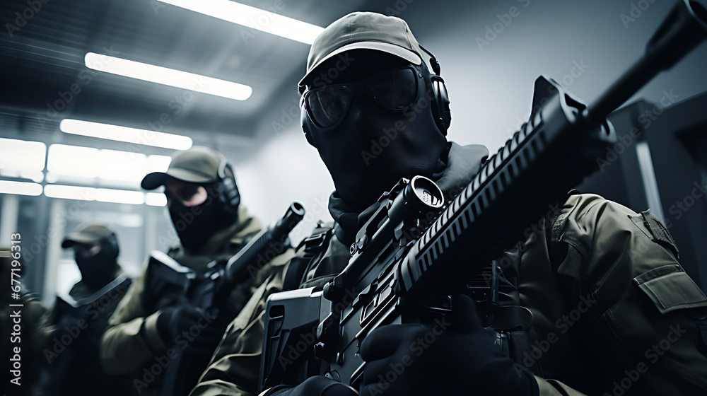 Masked men with rifles in a building