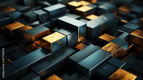 Abstract metallic cubes background in black and gold colors