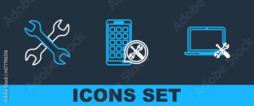 Set line Laptop service, Crossed wrenchs and Mobile Apps icon. Vector
