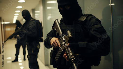 Masked men with rifles in a building
