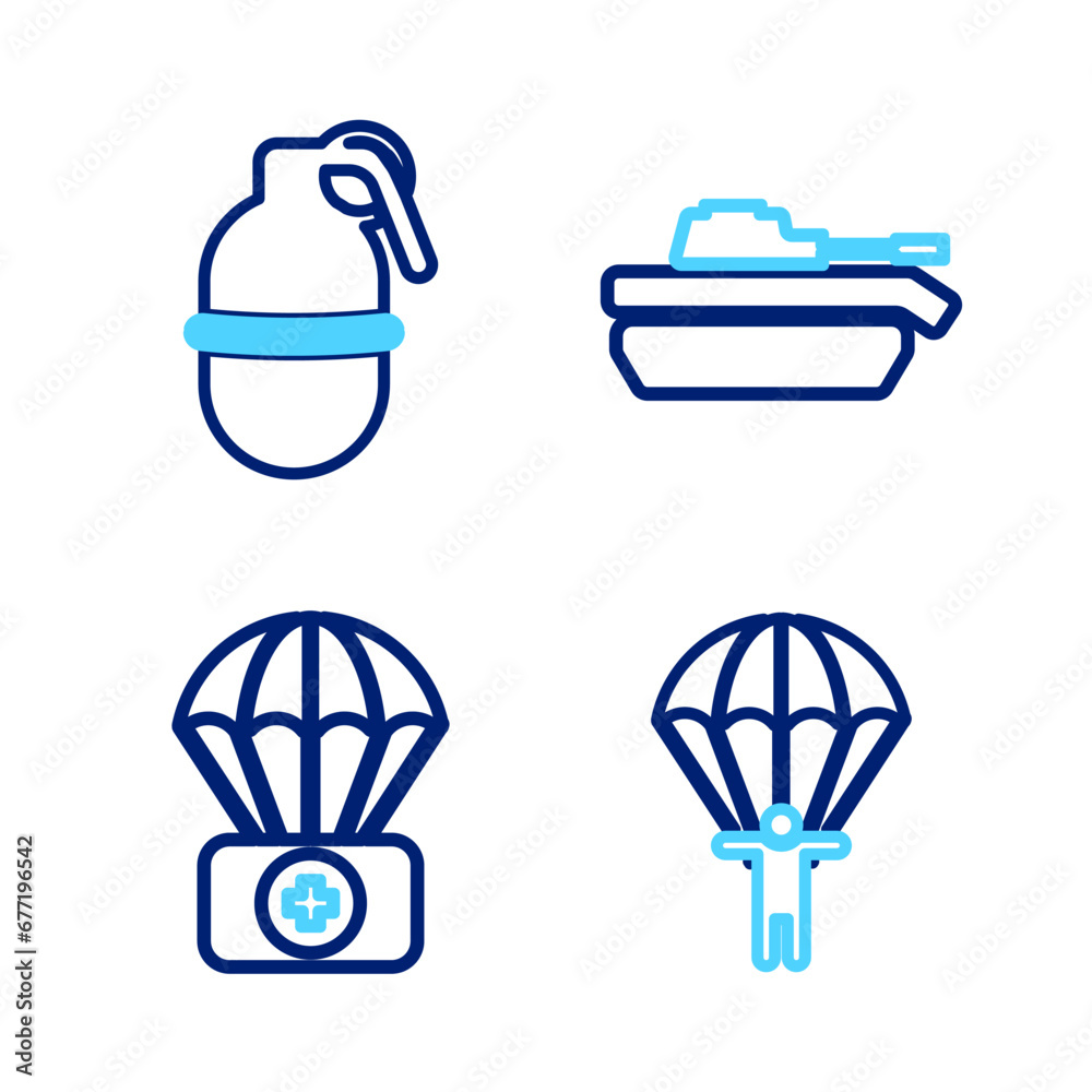 Set line Parachute, with first aid kit, Military tank and Hand grenade icon. Vector Set line Parachute, with first aid kit, Military tank and Hand grenade icon. Vector