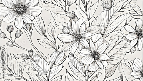 Pencil linear freehand black and white drawing with flowers close-up on a white background. Pencil black and white linear illustration with flowers  background  wallpaper. Generative AI