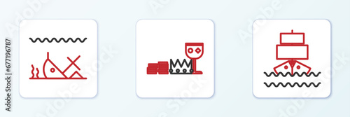 Set line Ship, Sunken ship and Treasure and riches icon. Vector