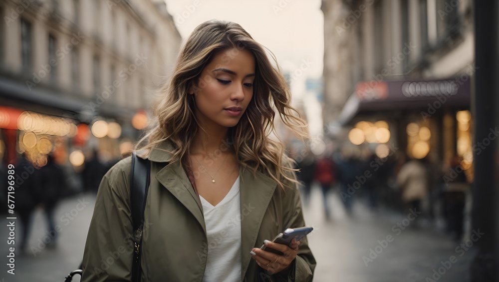 Fototapeta premium woman walking in the city, woman holding while using a phone