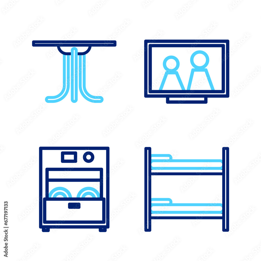 Set line Bunk bed, Kitchen dishwasher machine, Picture frame on table and Round icon. Vector Set line Bunk bed, Kitchen dishwasher machine, Picture frame on table and Round icon. Vector
