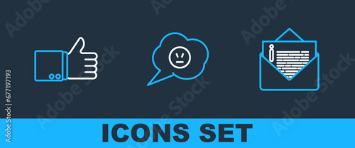 Set line Envelope, Hand thumb up and Speech bubble with angry smile icon. Vector
