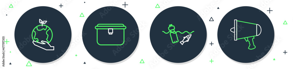 Set line Lunch box, Problem pollution of the ocean, Hand holding Earth globe and Spread word, megaphone icon. Vector Set line Lunch box, Problem pollution of the ocean, Hand holding Earth globe and Spread word, megaphone icon. Vector