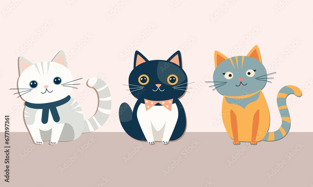 Set of cute cats. Vector illustration in flat style on a light background. Set of cute cats. Vector illustration in flat style on a light background.