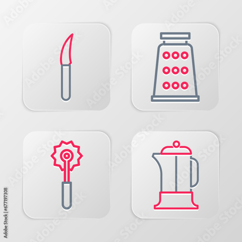 Set line French press  Pizza knife  Grater and Knife icon. Vector